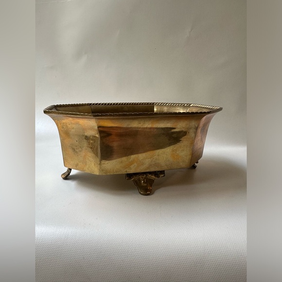 Solid Heavy Brass Octagon Footed Planter Bowl 3.5” Tall, 8” Length, 5.5” Wide - Picture 5 of 7